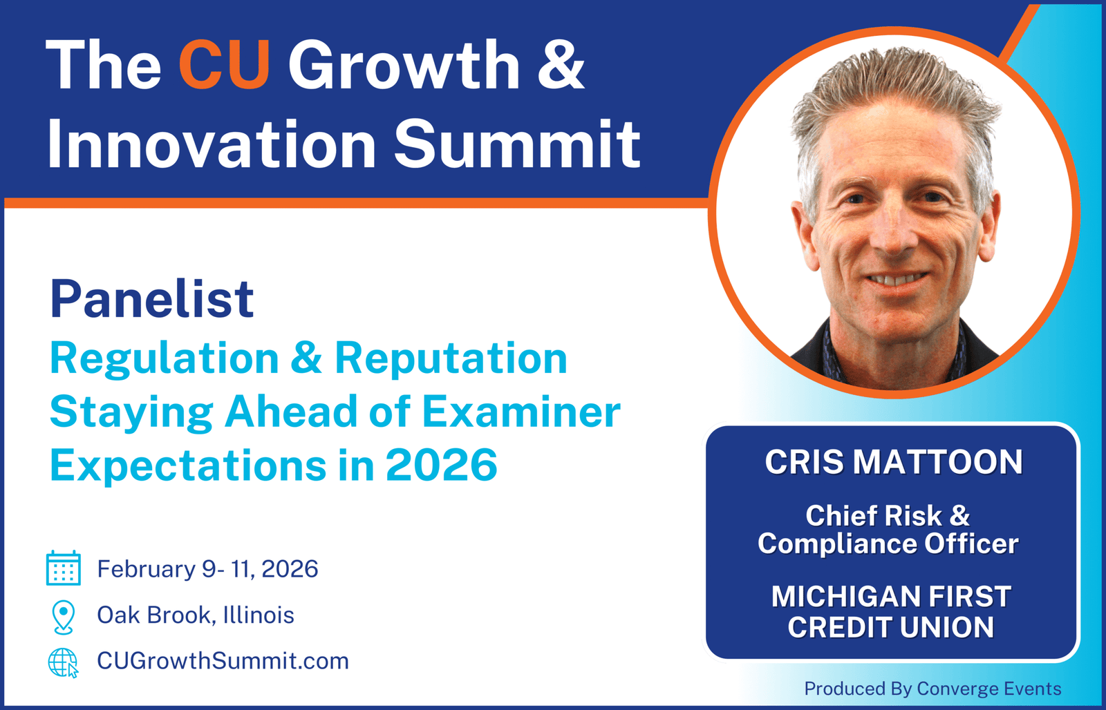 Speaker announcement graphic featuring Cris Mattoon of Michigan First Credit Union as a panelist at the 2026 CU Growth & Innovation Summit