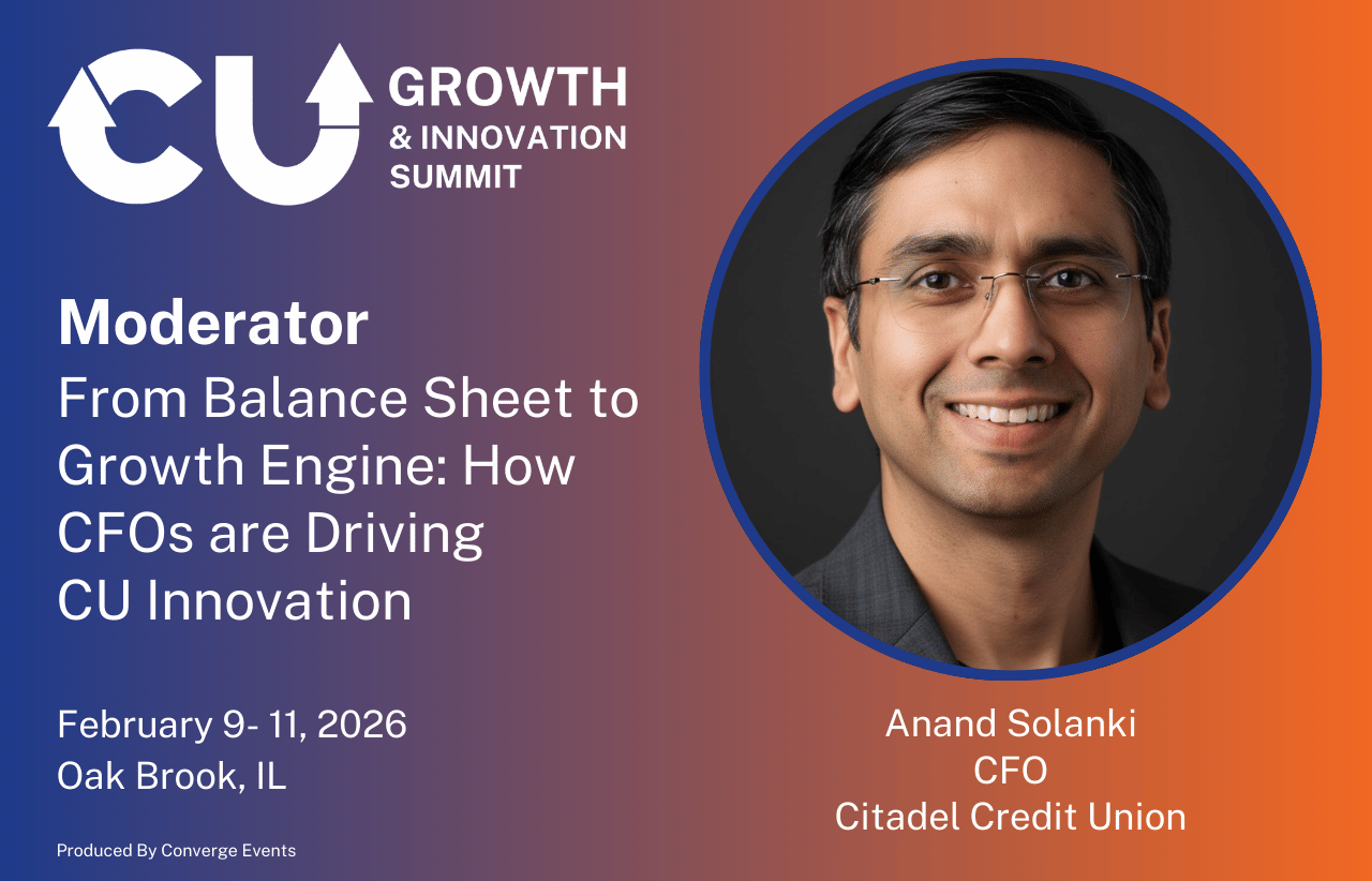 Speaker announcement for Anand Solanki, moderator of a strategic CFO session at the 2026 Credit Union Growth & Innovation Summit.