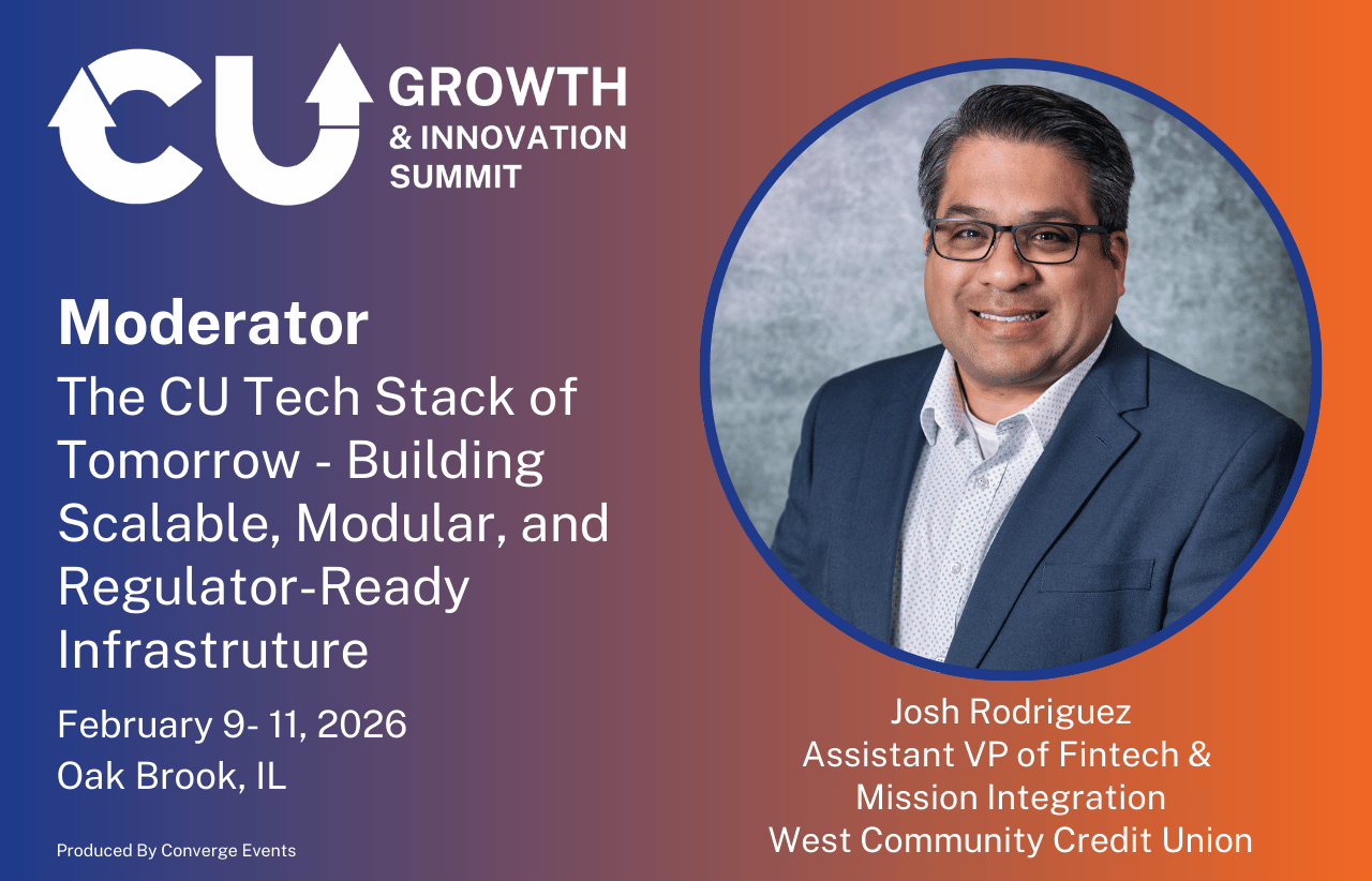 Josh Rodriguez announced as moderator for a CU Growth & Innovation Summit session on building future-ready credit union tech infrastructure.