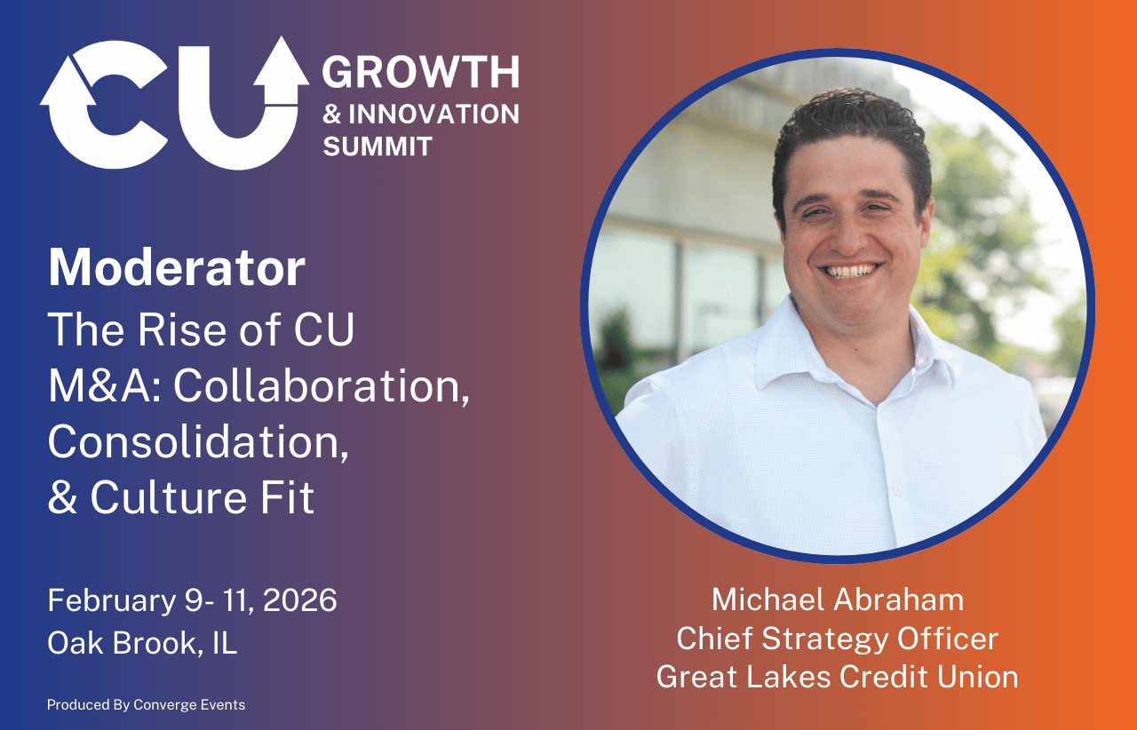 Michael Abraham announced as moderator for a CU Growth & Innovation Summit session on credit union mergers, acquisitions, and strategic growth.